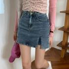 Slit-hem Denim Mini Pencil Skirt