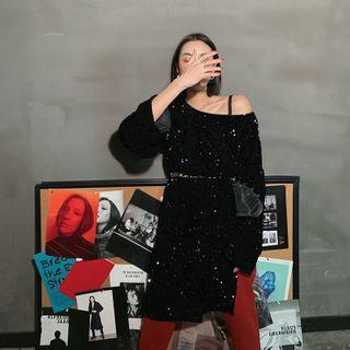 Sequined Long-sleeve Slit Top