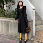 Ruffle Long-sleeve Midi A-line Dress Black - One Size