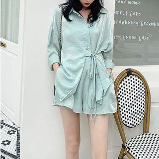 Set Of 2 : Long-sleeve Laceup String Shirt + Shorts