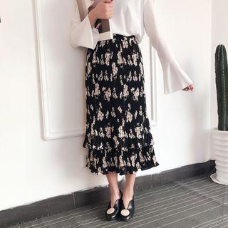 Floral Pleated Ruffle Long Skirt
