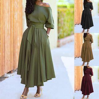 Off-shoulder Tie-waist Plain A-line Midi Dress
