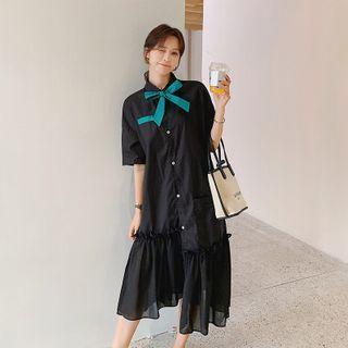Elbow-sleeve Tiered Midi A-line Shirtdress