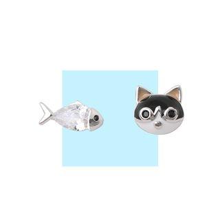 Non-matching 925 Sterling Silver Rhinestone Cat & Fish Earring Stud Earring - 1 Pair - Silver - One Size