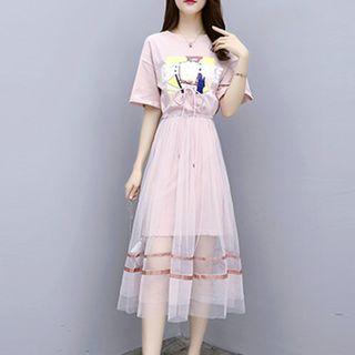 Set: Short-sleeve Printed T-shirt Dress + Sheer Midi Skirt