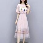 Set: Short-sleeve Printed T-shirt Dress + Sheer Midi Skirt