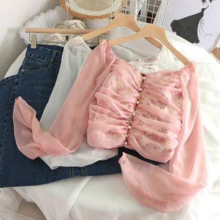 Off Shoulder Pearl Chiffon Floral Blouse