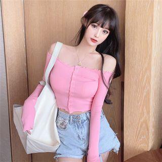 Off-shoulder Long-sleeve T-shirt Peach - One Size