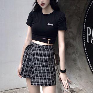 Short-sleeve Lettering Cropped Top / Belted Plaid Skort