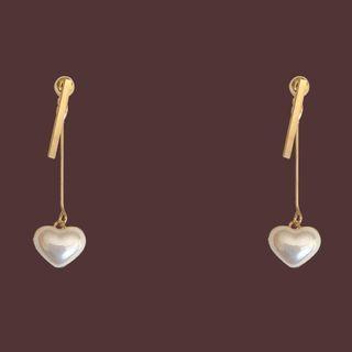 Faux Pearl Heart Drop Earring 1 Pair - Drop Earring - S925silver - Gold & White - One Size