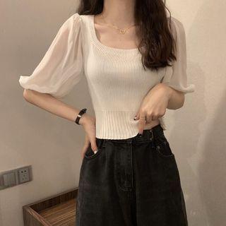 Elbow Sleeve Chiffon Panel Knit Top