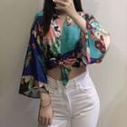 Flower Print Wide-sleeve Cropped Wrap Blouse