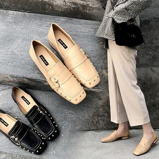 Square-toe Studded Low Heel Loafers