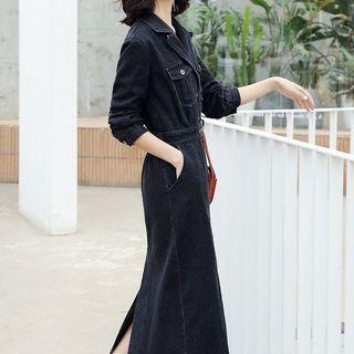Denim Long-sleeve Belted Midi Dress