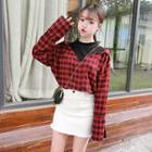 Plaid Mock Two Piece Blouse