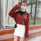 Plaid Mock Two Piece Blouse