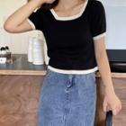Square-neck Two Tone Knit Cropped Top