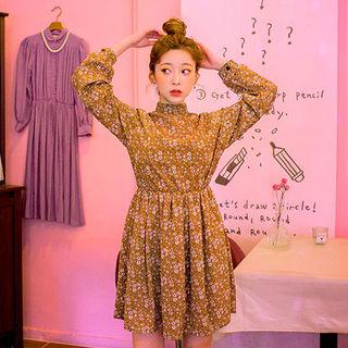 Mock-neck Gathered-waist Floral Dress