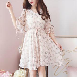 Elbow-sleeve V-neck Floral Print Chiffon Dress