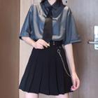 Elbow-sleeve Plain Shirt / Tie / Pleated Mini A-line Skirt / Set