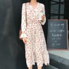 Floral Long-sleeve Midi Chiffon Dress Almond - One Size