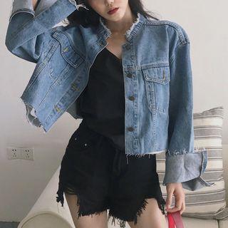 Fray Hem Denim Jacket Denim Blue - One Size