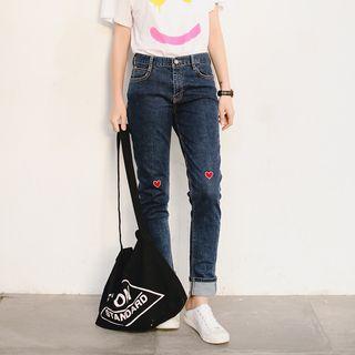 Heart Embroidered Straight-cut Jeans