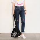 Heart Embroidered Straight-cut Jeans