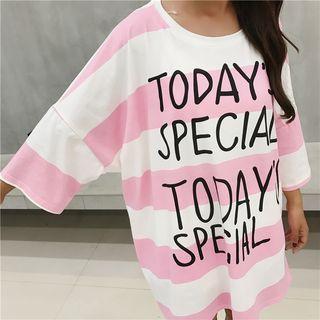 Lettering Striped 3/4 Sleeve T-shirt Dress