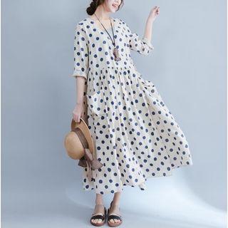 Polka Dot 3/4-sleeve Midi A-line Dress