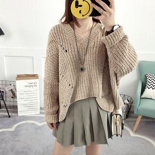 Perforated V-neck Chunky Knit Sweater
