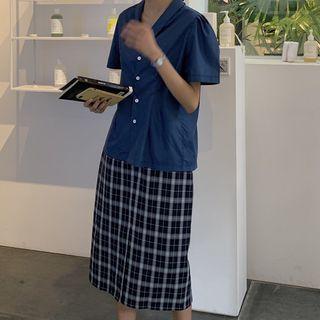 Plain Short-sleeve Shirt / Plaid Midi A-line Skirt