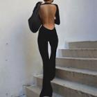 Long-sleeve Open-back Bell-bottom Jumpsuit
