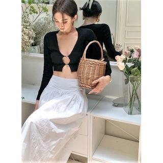 Long-sleeve V-neck Cutout Cropped Top / High-waist A-line Midi Skirt