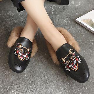 Embroidered Furry Mules