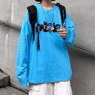 Lettering Velcro Long-sleeve Round Neck T-shirt
