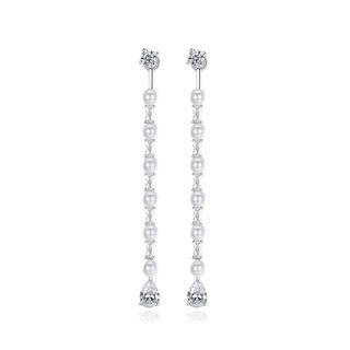 Elegant And Simple Geometric Imitation Pearl Tassel Earrings With Cubic Zirconia Silver - One Size