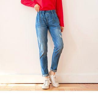 Elastic Waist Distressed Baggy-fit Jeans