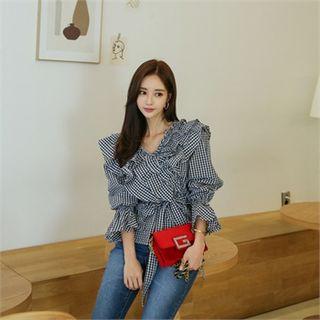 Frill-trim Gingham Blouse With Sash