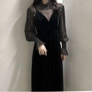 Set: Lantern-sleeve Mesh Top + Velvet Midi A-line Overall Dress