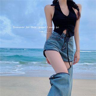 Drawstring Halter Top / Detachable Straight-cut Jeans
