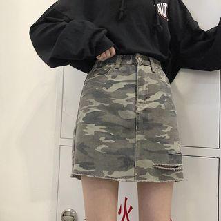 Camouflage Ripped Denim Skirt