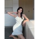 Spaghetti Strap Lace-up A-line Dress White - One Size