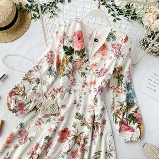 Long-sleeve Floral Print Mini A-line Dress Floral - White - One Size