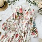 Long-sleeve Floral Print Mini A-line Dress Floral - White - One Size
