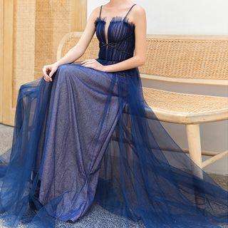 Spaghetti Strap Frill Trim Mesh Overlay Glitter A-line Evening Gown