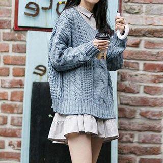 Set: Drawstring Dress + Cable-knit Sweater