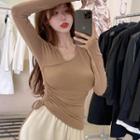 Long-sleeve Asymmetrical Neck Drawstring T-shirt