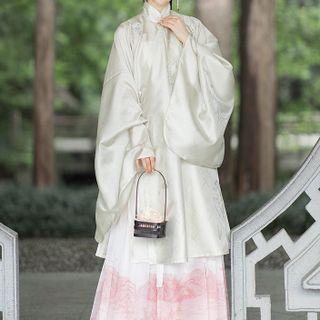 Set: Wide-sleeve Traditional Chinese Top + Print Midi Skirt