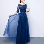 Lace Trim Elbow Sleeve Evening Gown